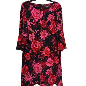 Tommy Hilfiger Dark Romantic Floral Midi Dress Size 16 Pink Red Bell Sleeve